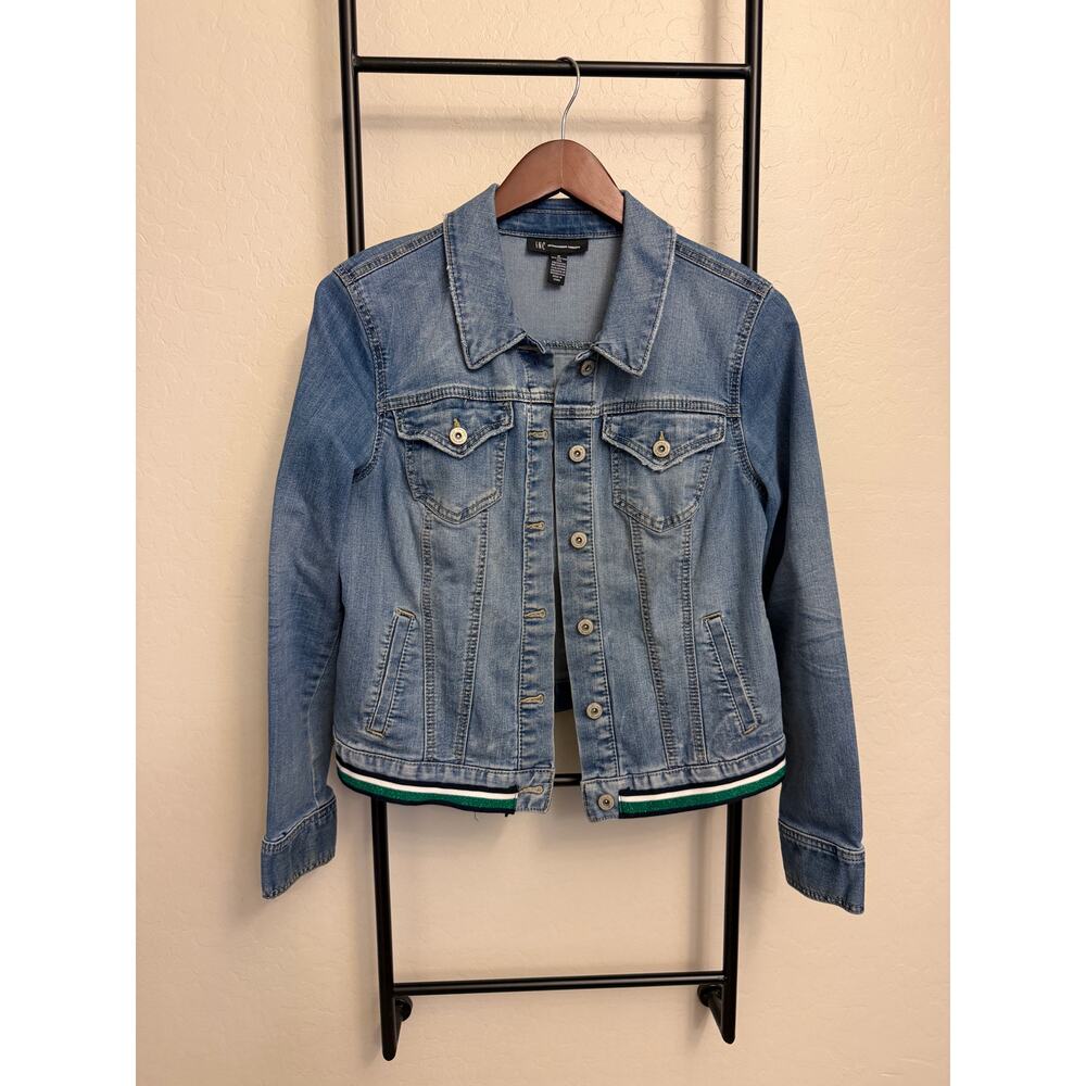 INC- denim jean jacket is a green/white stripe-size medium